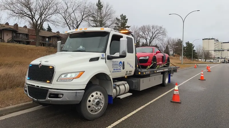 Bora Towing International flatbed transporting red Audi R8 supercar in Edmonton